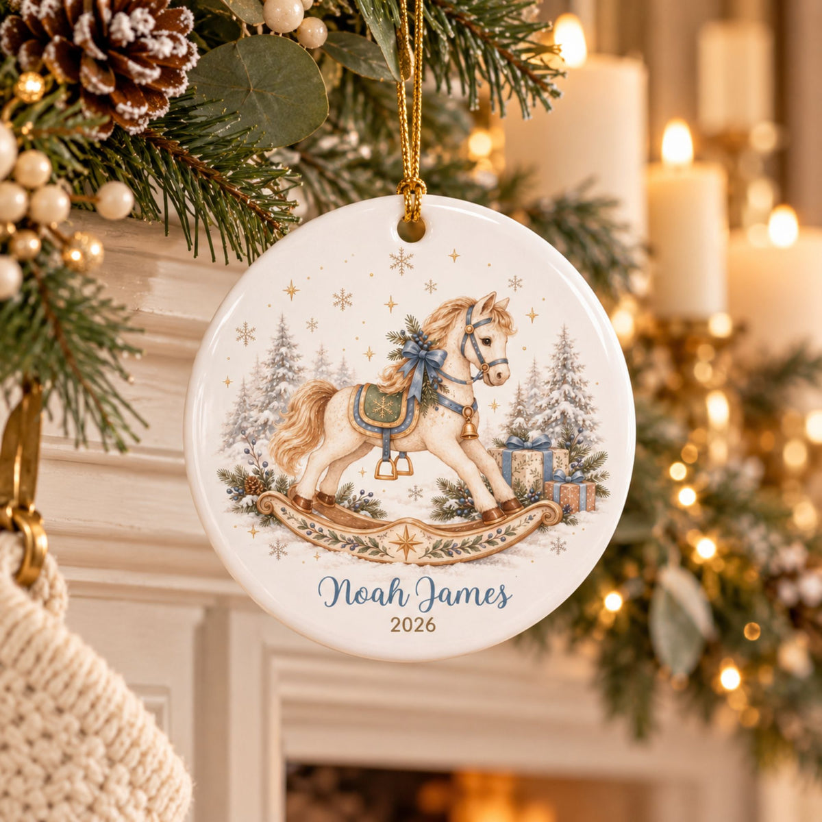 Personalized Rocking Horse Christmas Ornament - Blue