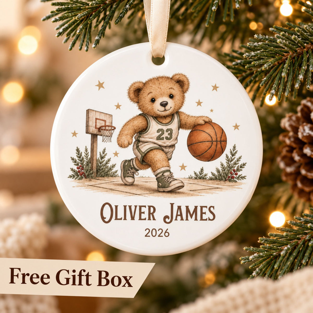 Personalized Basketball Christmas Ornament - Teddy Bear
