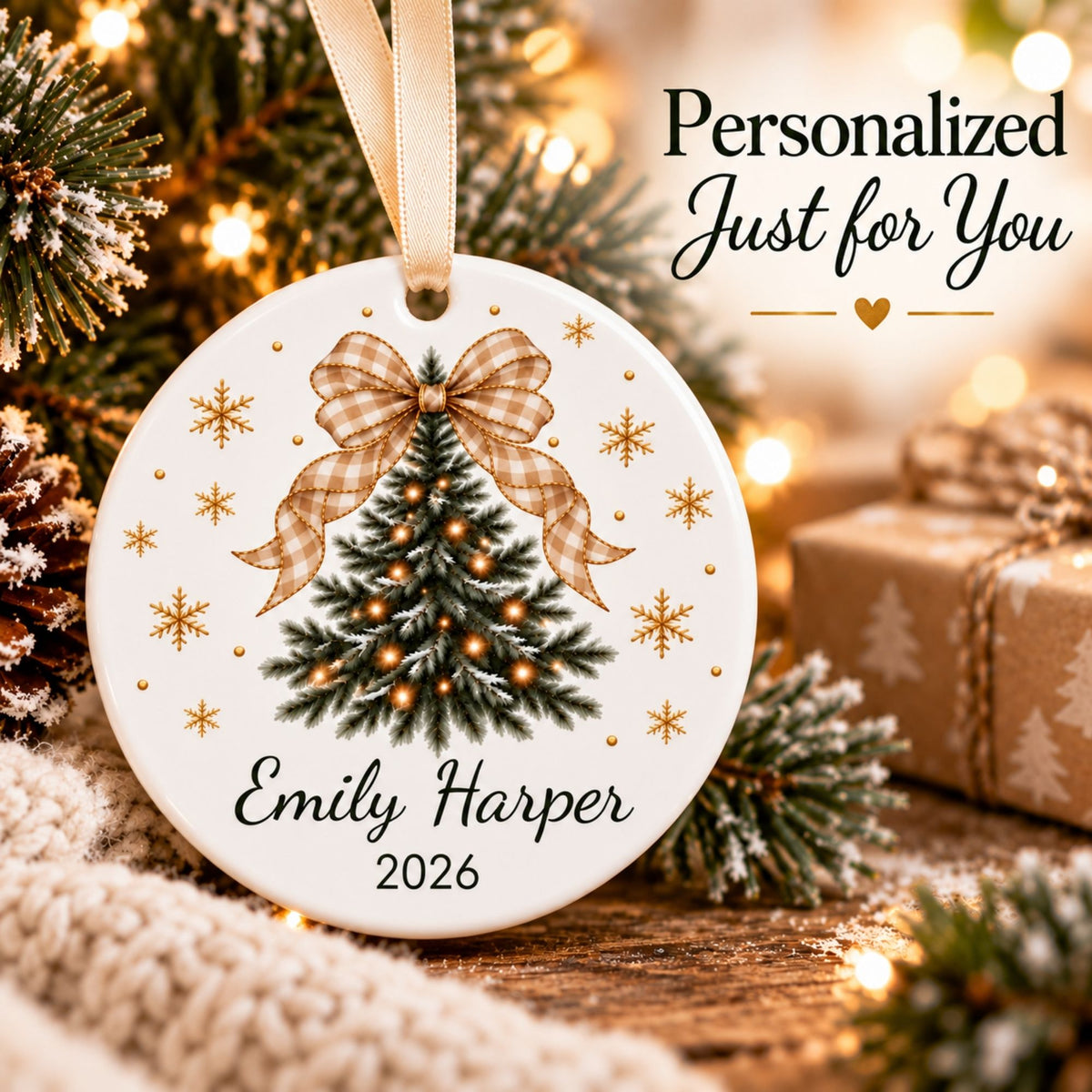 Personalized Christmas Tree Ornament with Gingham Bow