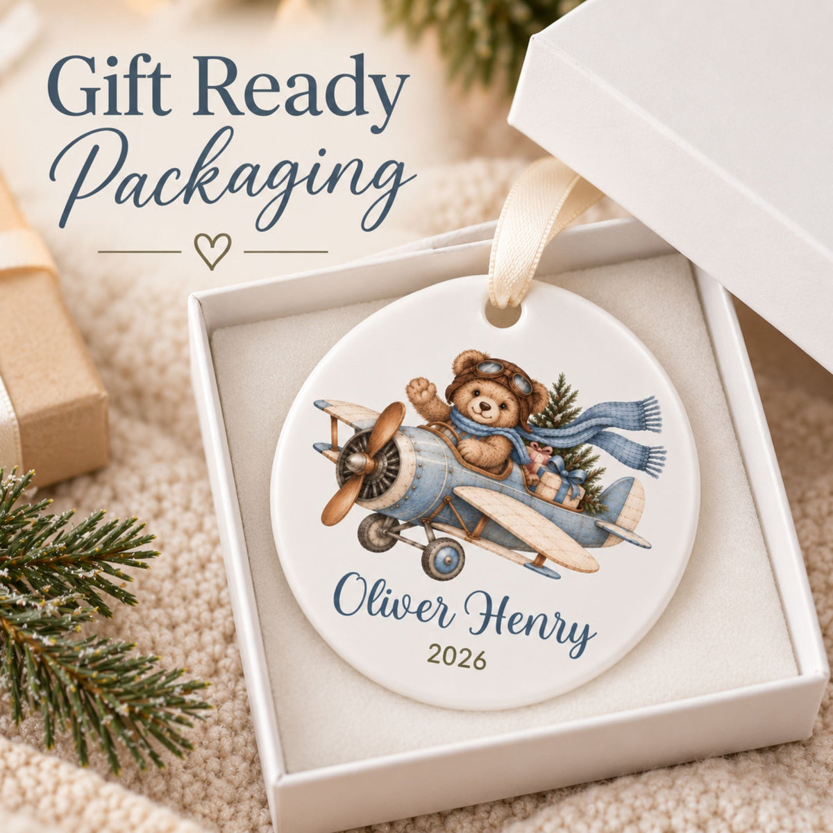 Personalized Airplane Christmas Ornament with Teddy Bear Pilot