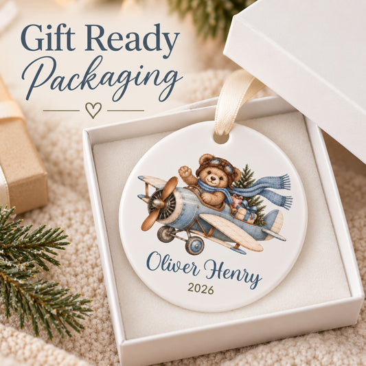 Personalized Airplane Christmas Ornament with Teddy Bear Pilot