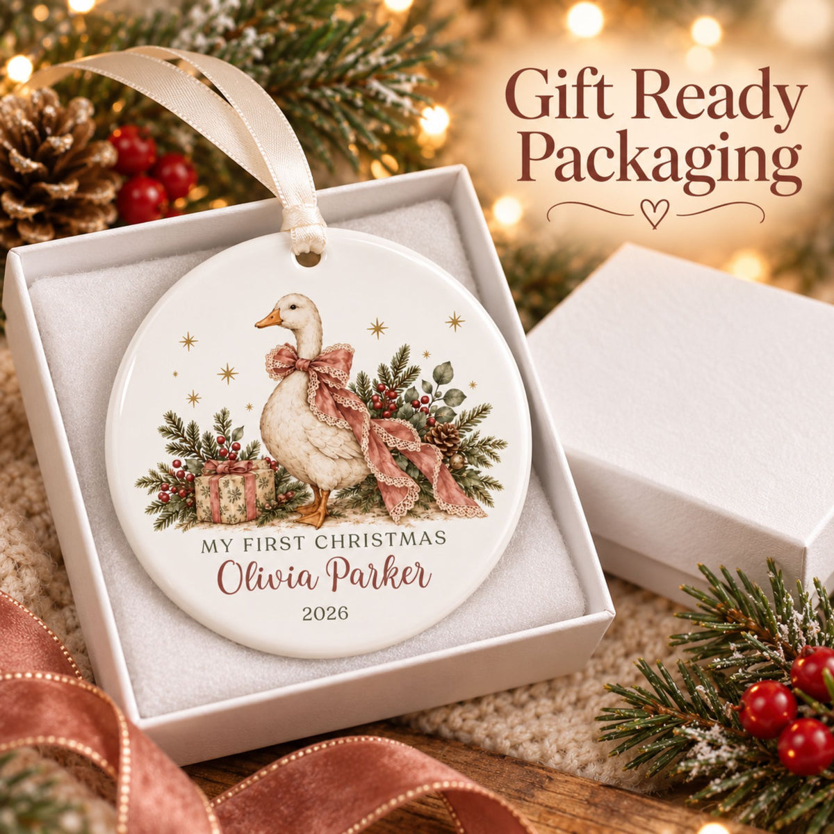 Baby Girl's First Christmas Ornament - Pink Bow Goose