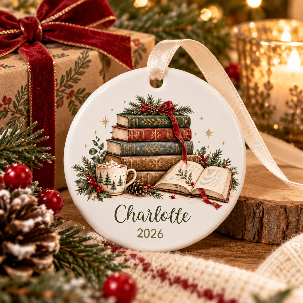 Personalized Book Lover Christmas Ornament - Vintage Books