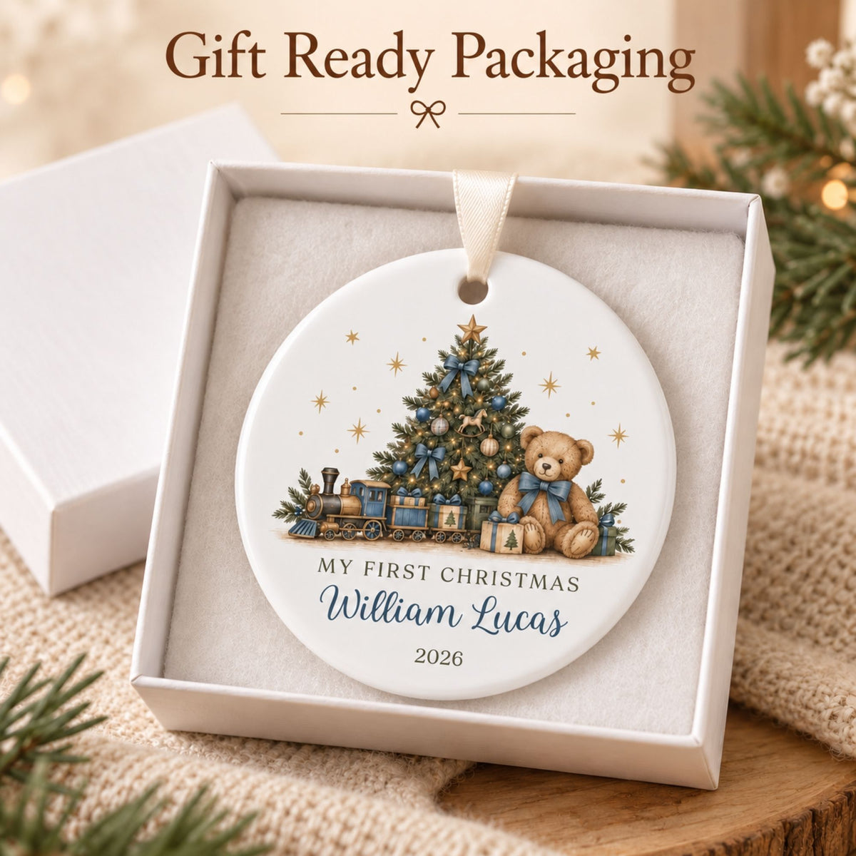 Personalized Baby's First Christmas Ornament - Teddy Bear Train