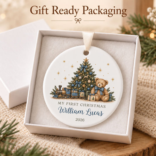 Personalized Baby's First Christmas Ornament - Teddy Bear Train