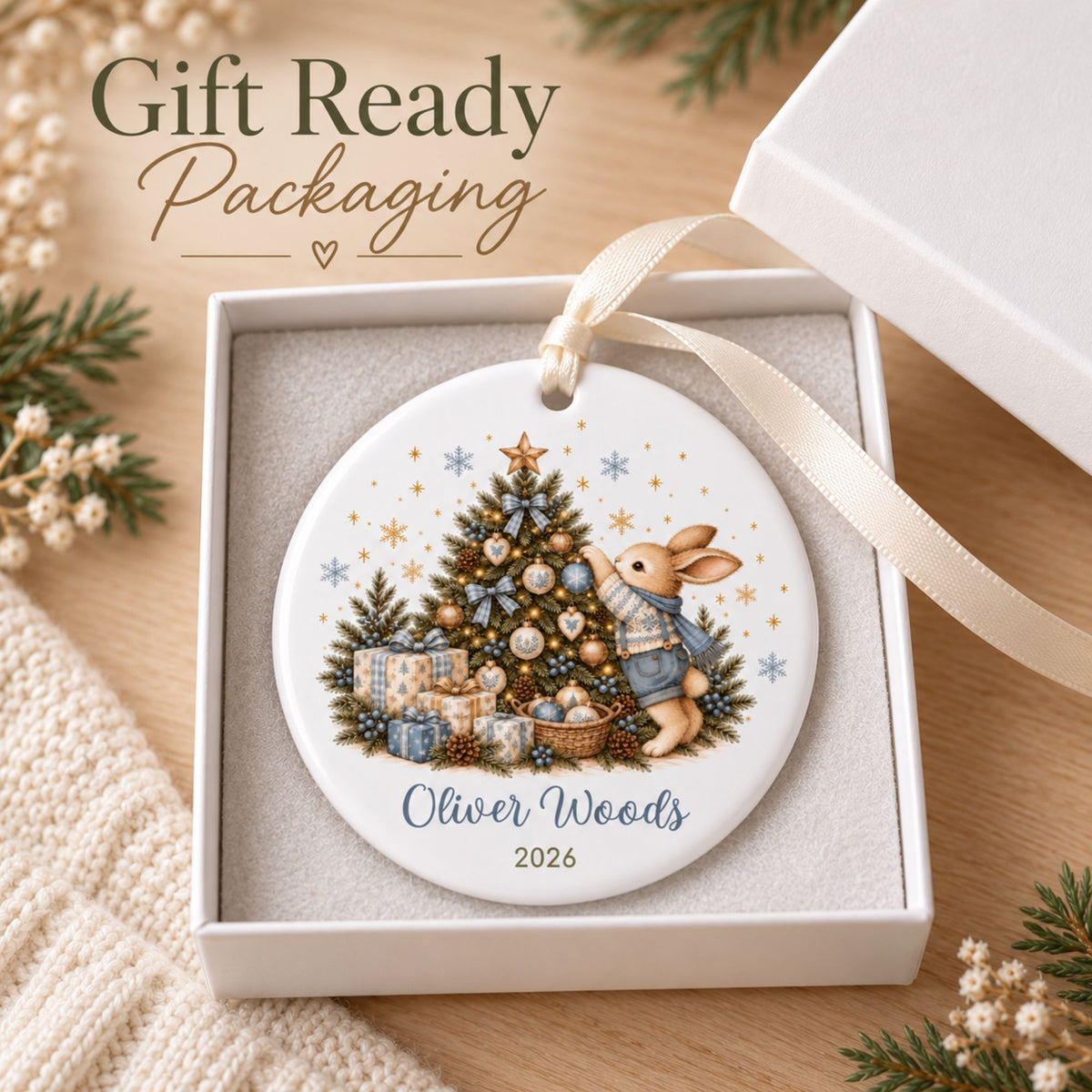 Personalized Bunny Christmas Ornament for Boys with Name and Year