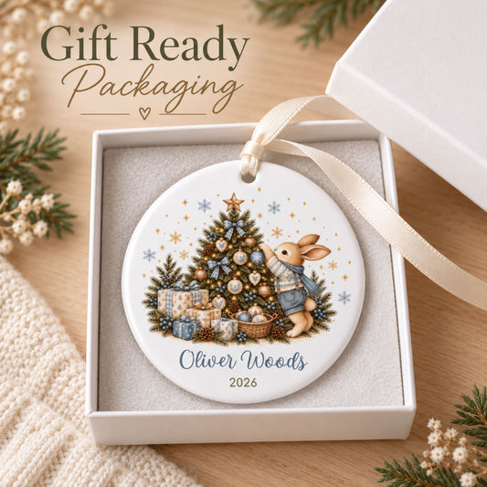 Personalized Bunny Christmas Ornament for Boys with Name and Year