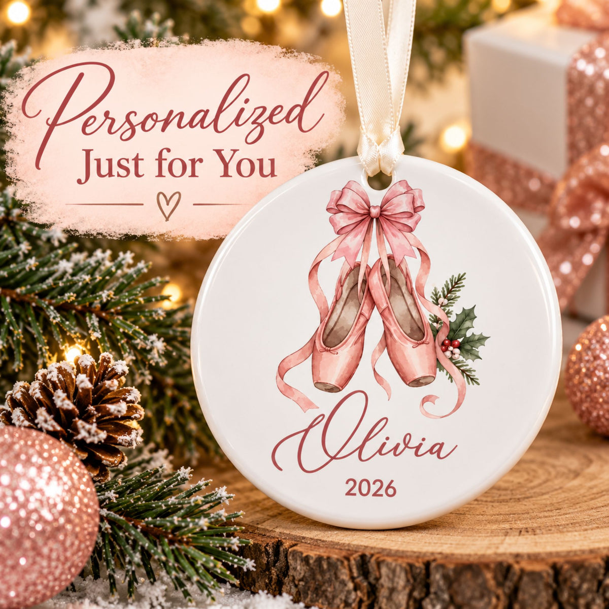 Personalized Ballerina Christmas Ornament - Pink Ballet Shoes