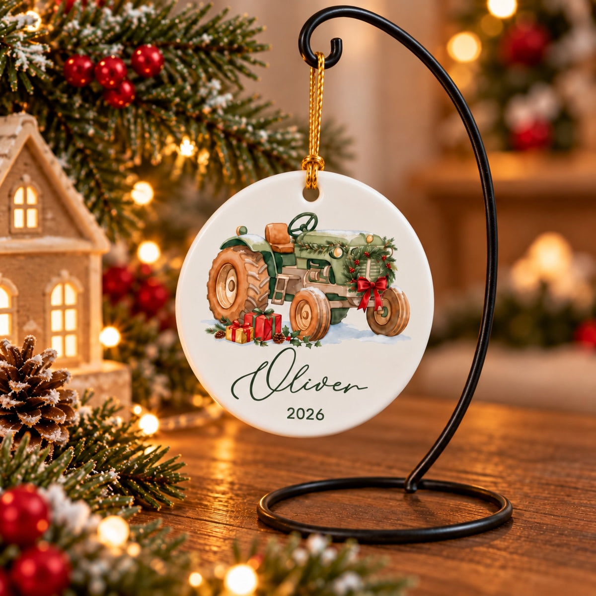 Personalized Tractor Christmas Ornament with Name and Year