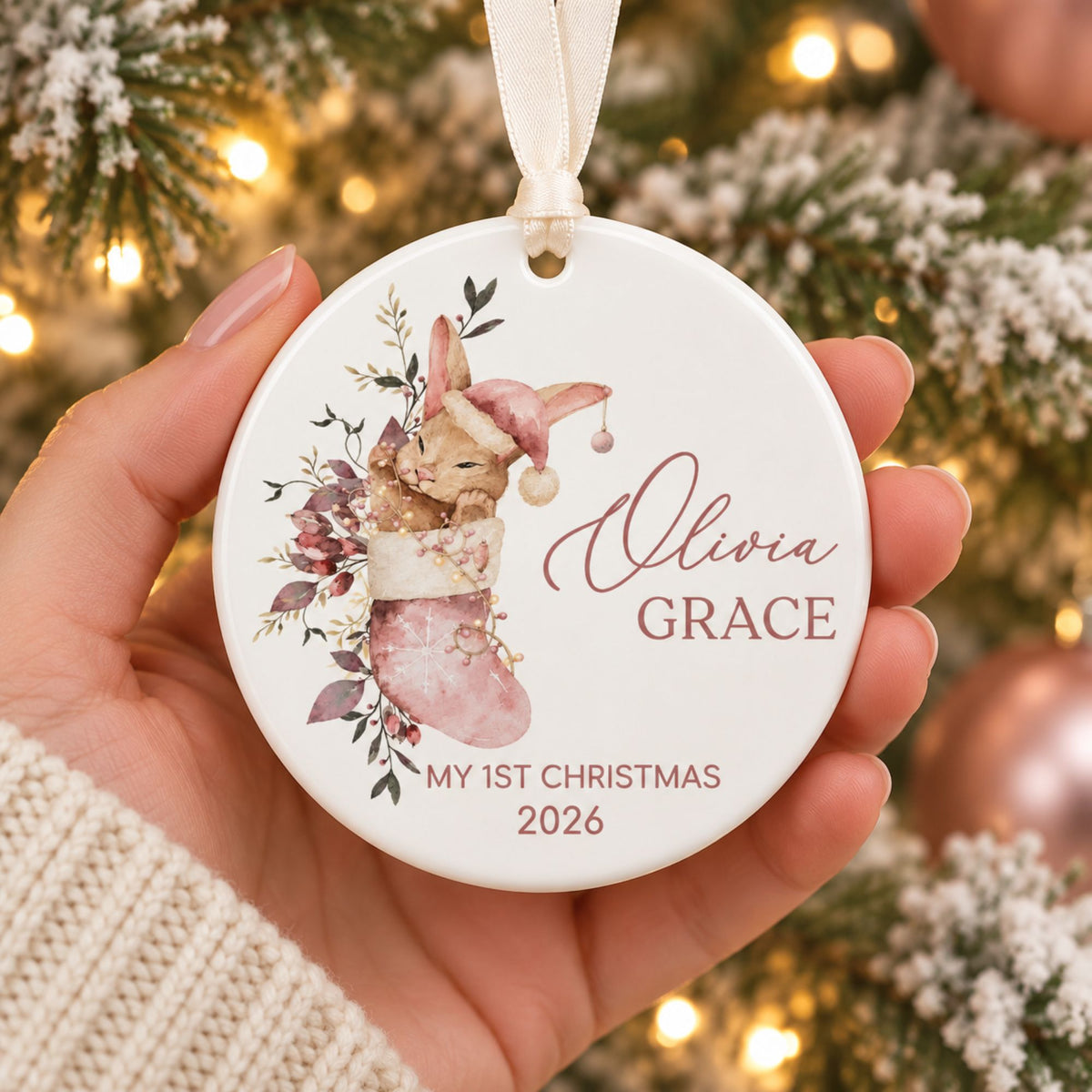 Baby Girl's First Christmas Ornament - Pink Stocking Bunny