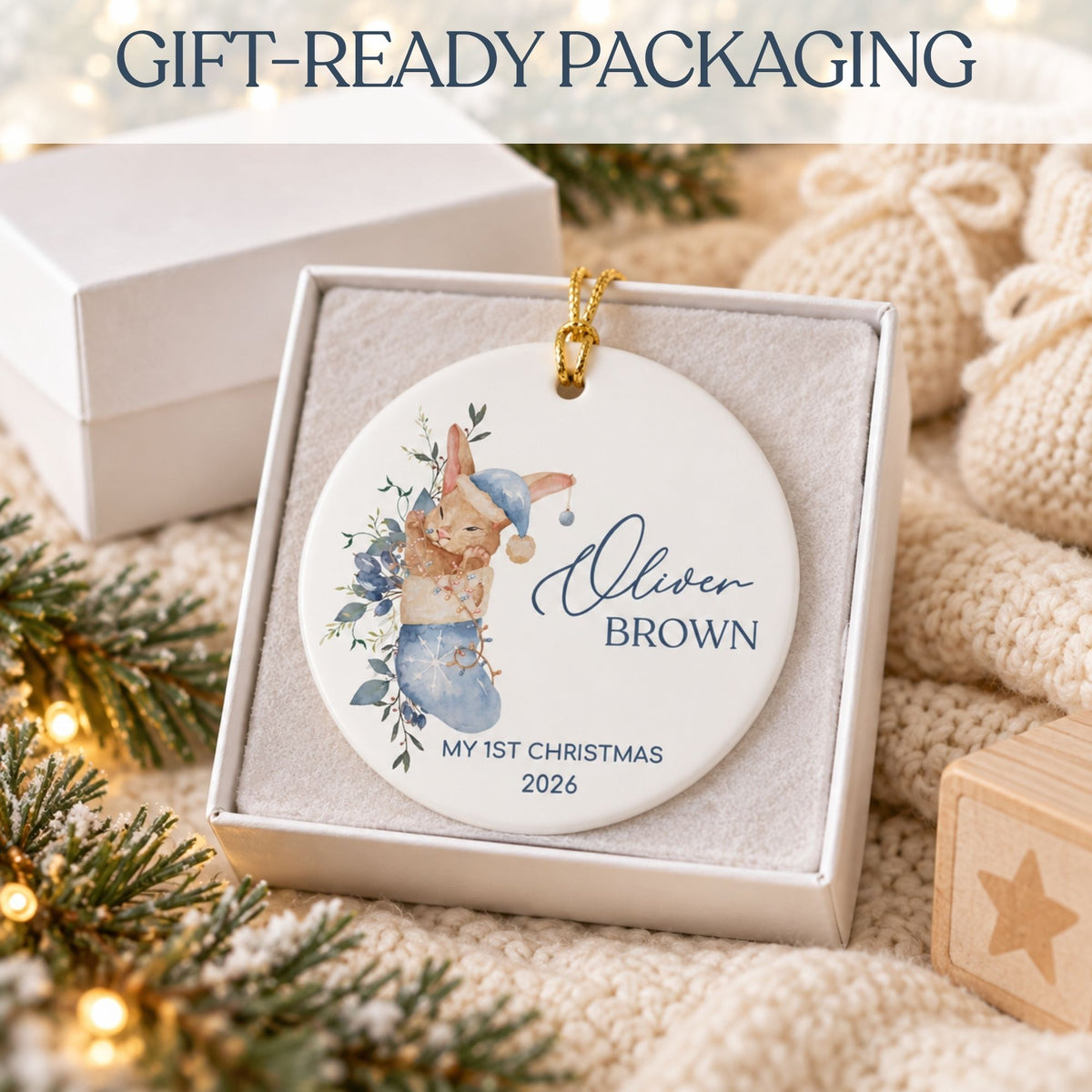 Baby Boy's First Christmas Ornament - Blue Stocking Bunny