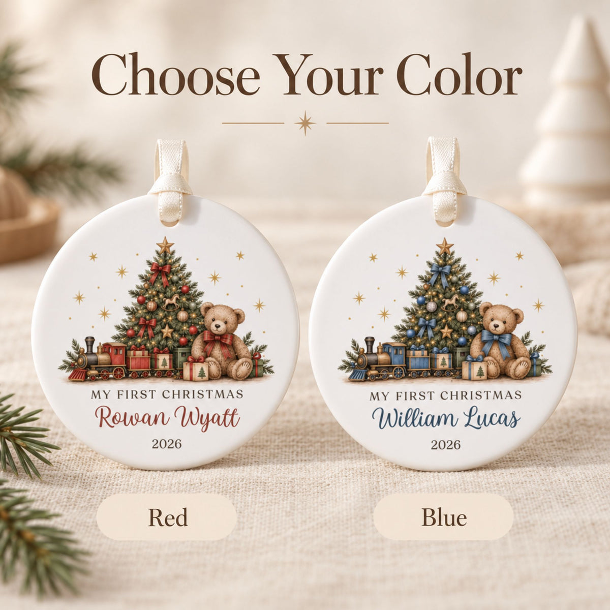 Personalized Baby's First Christmas Ornament - Teddy Bear Train