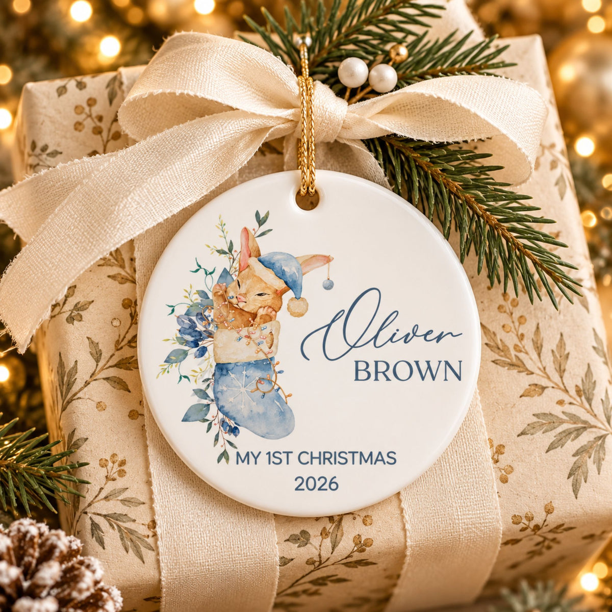 Baby Boy's First Christmas Ornament - Blue Stocking Bunny