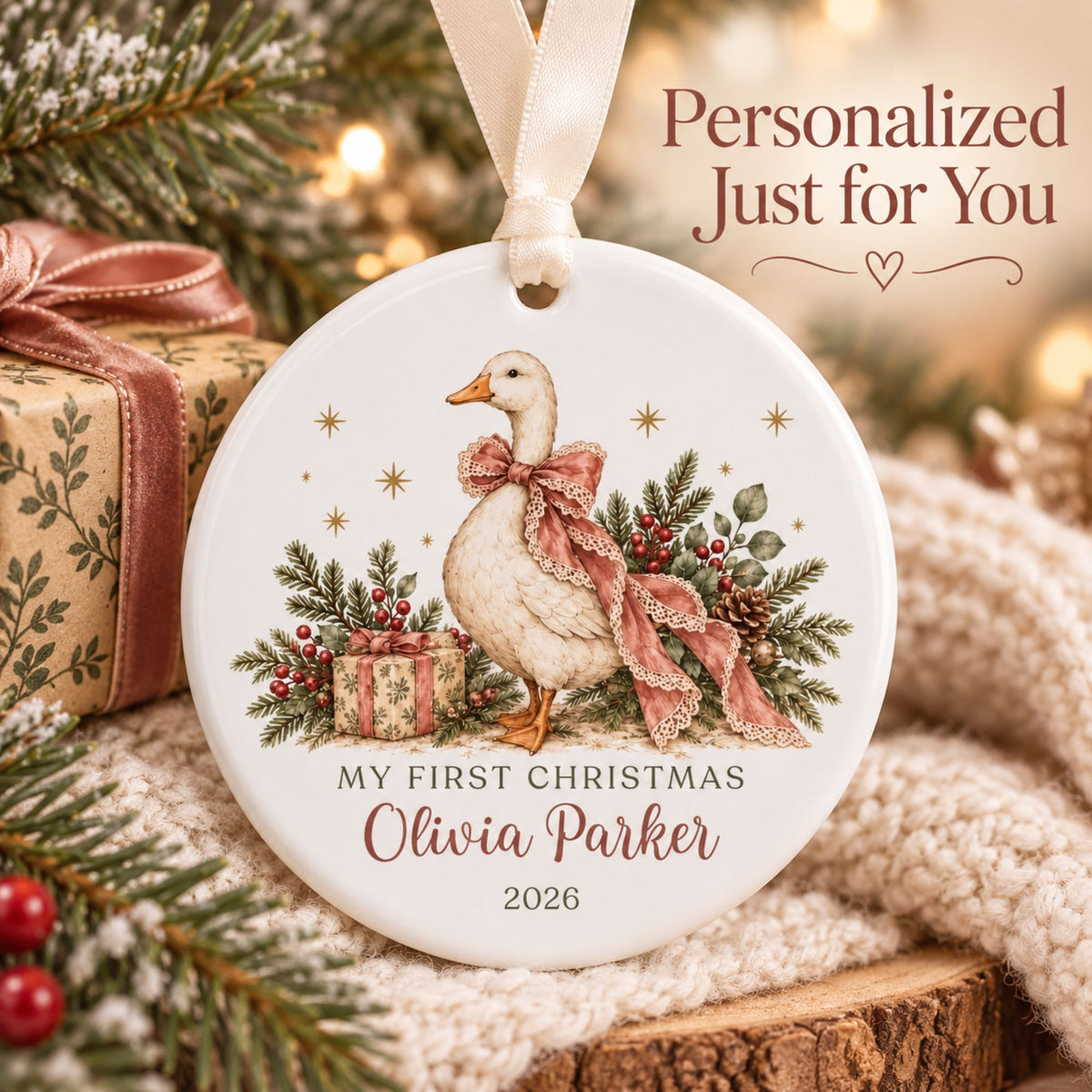 Baby Girl's First Christmas Ornament - Pink Bow Goose
