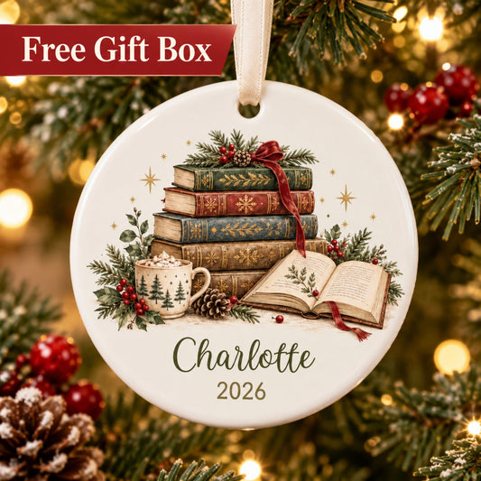 Personalized Book Lover Christmas Ornament - Vintage Books
