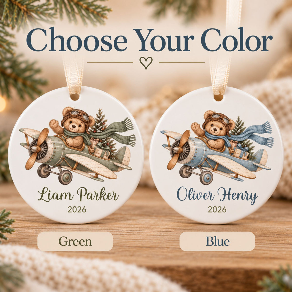 Personalized Airplane Christmas Ornament with Teddy Bear Pilot
