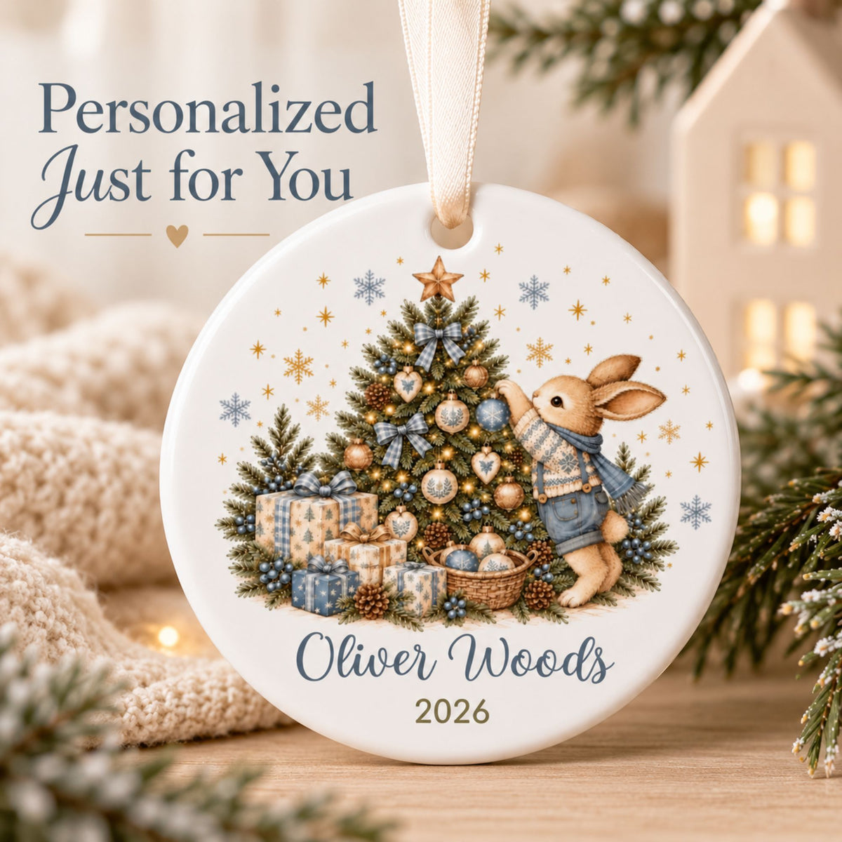 Personalized Bunny Christmas Ornament for Boys with Name and Year