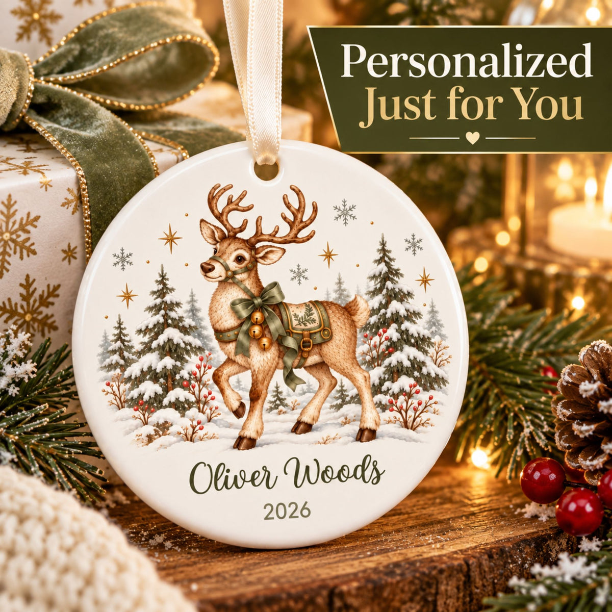 Personalized Reindeer Christmas Ornament with Name and Year