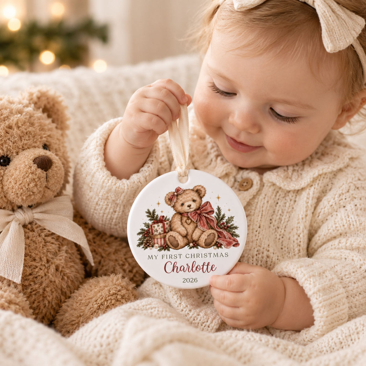 Baby Girl's First Christmas Ornament - Personalized Bow Teddy