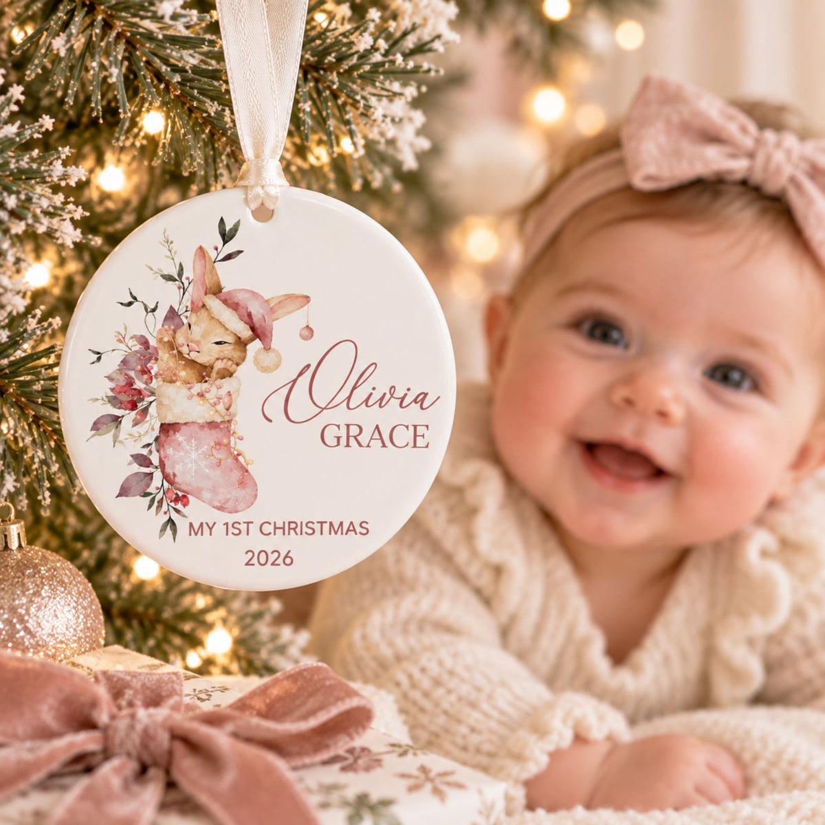 Baby Girl's First Christmas Ornament - Pink Stocking Bunny