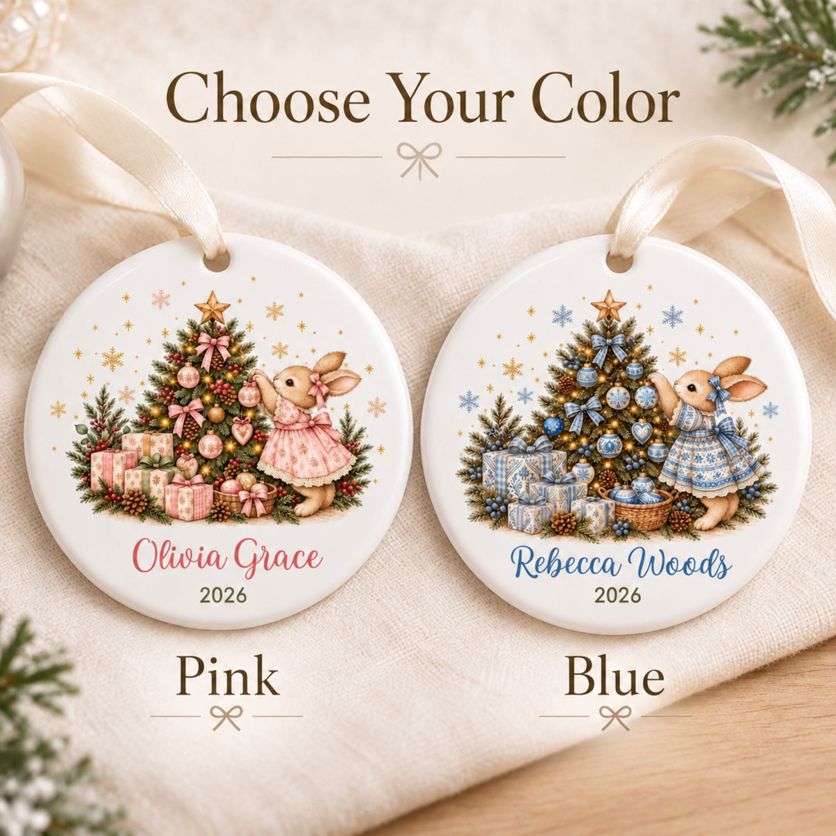 Personalized Bunny Baby Girl Christmas Ornament - Pink or Blue