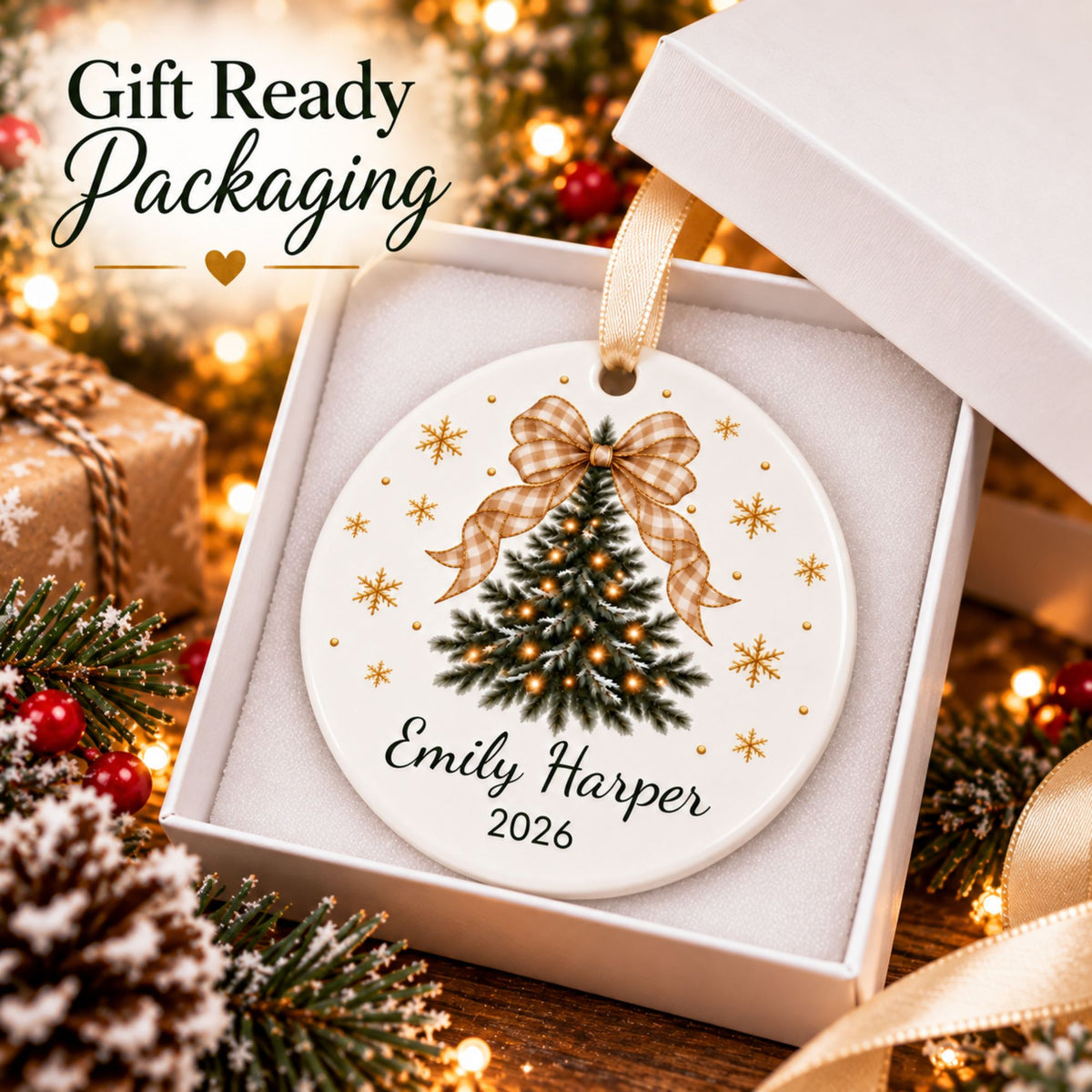 Personalized Christmas Tree Ornament with Gingham Bow
