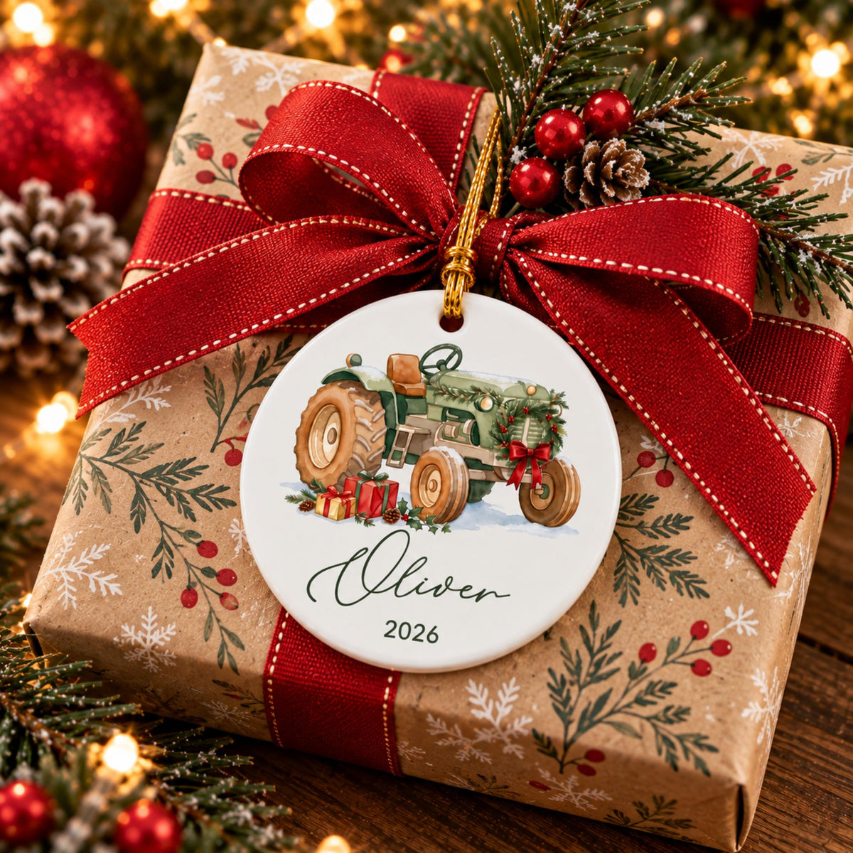 Personalized Tractor Christmas Ornament with Name and Year