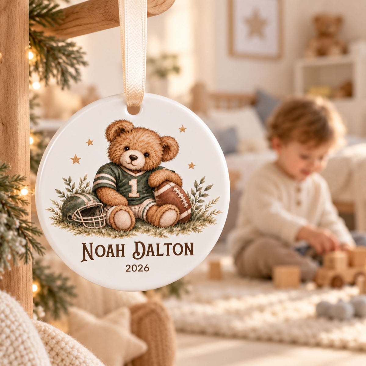 Personalized Football Christmas Ornament - Teddy Bear Player