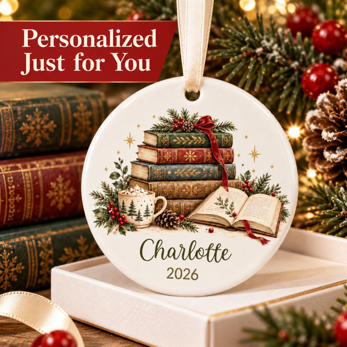 Personalized Book Lover Christmas Ornament - Vintage Books