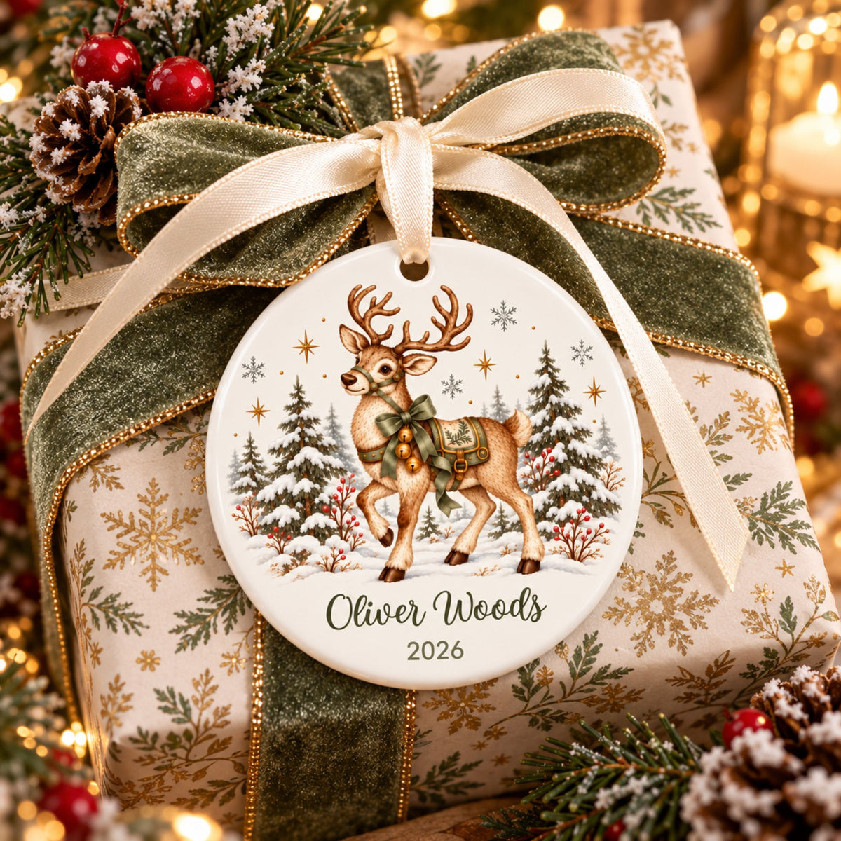 Personalized Reindeer Christmas Ornament with Name and Year