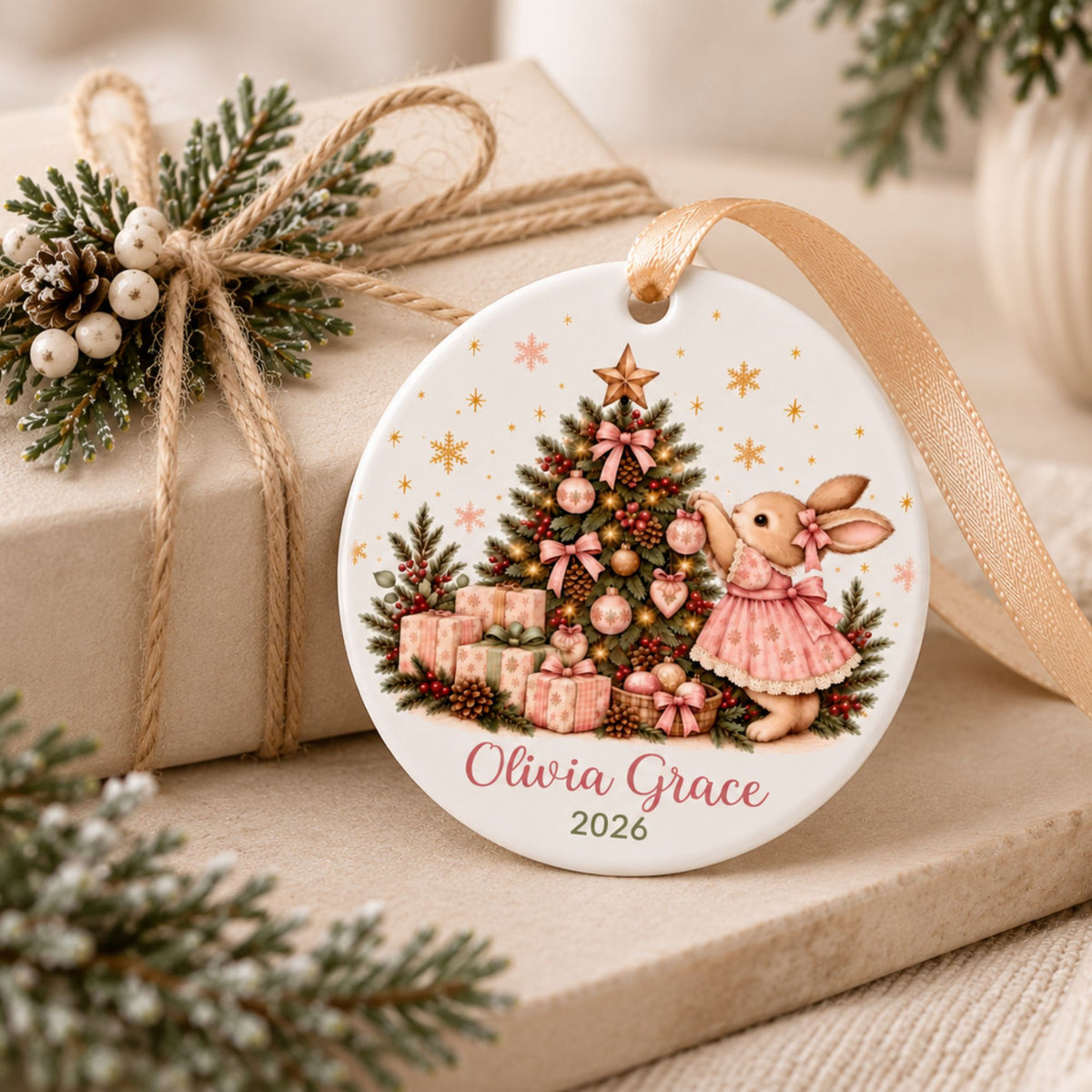 Personalized Bunny Baby Girl Christmas Ornament - Pink or Blue