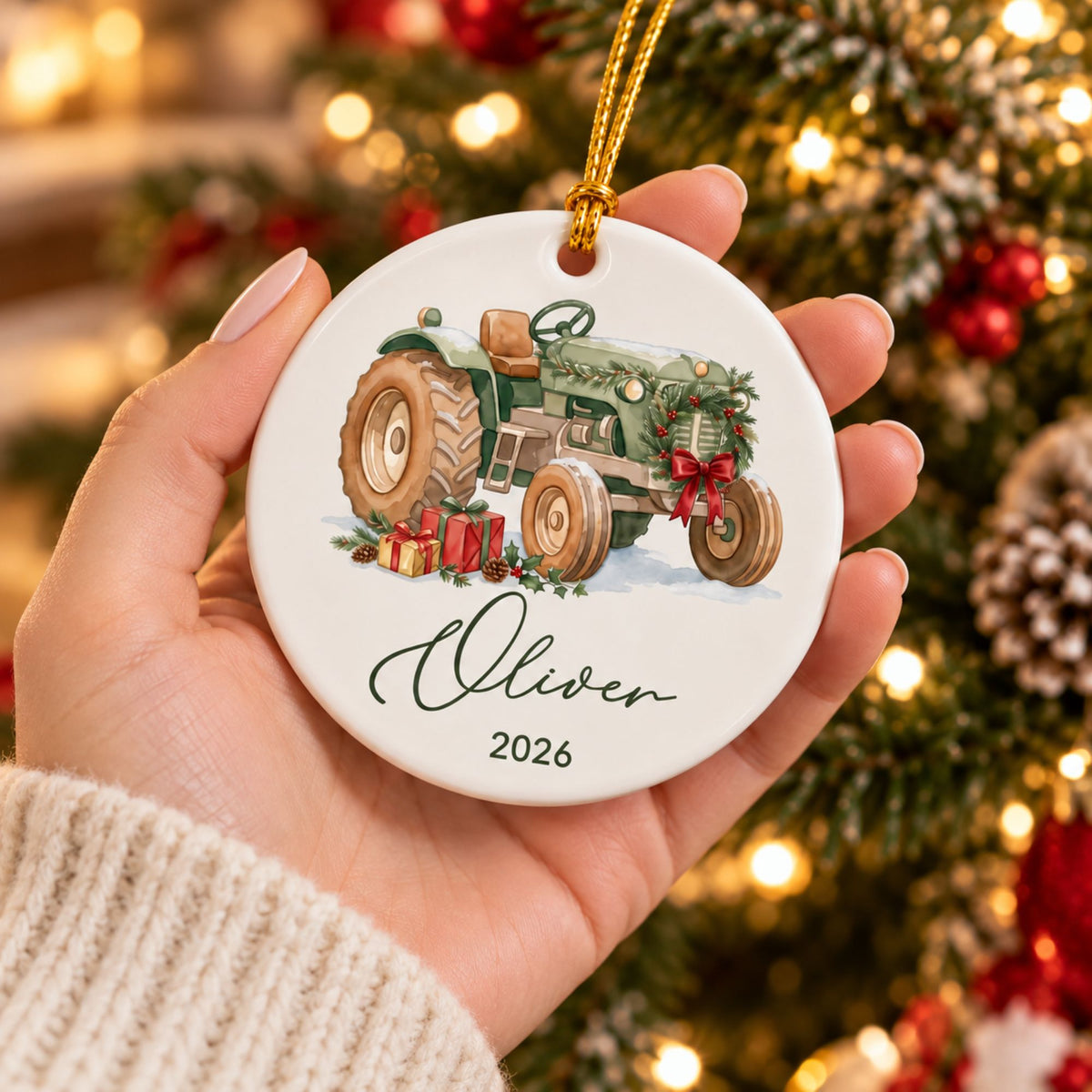 Personalized Tractor Christmas Ornament with Name and Year