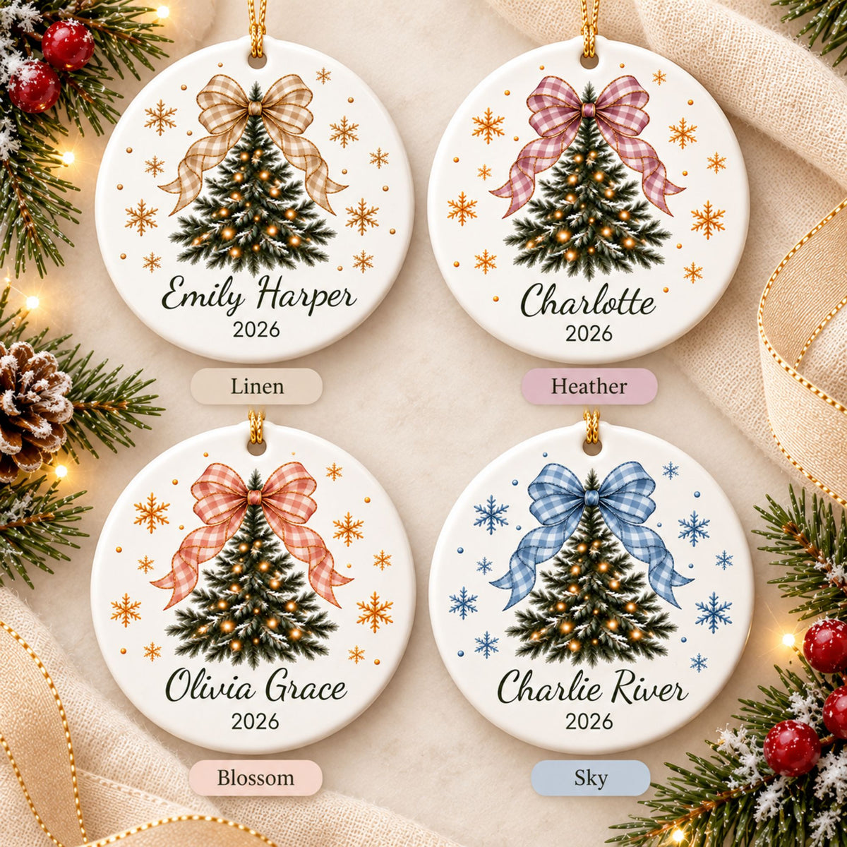 Personalized Christmas Tree Ornament with Gingham Bow