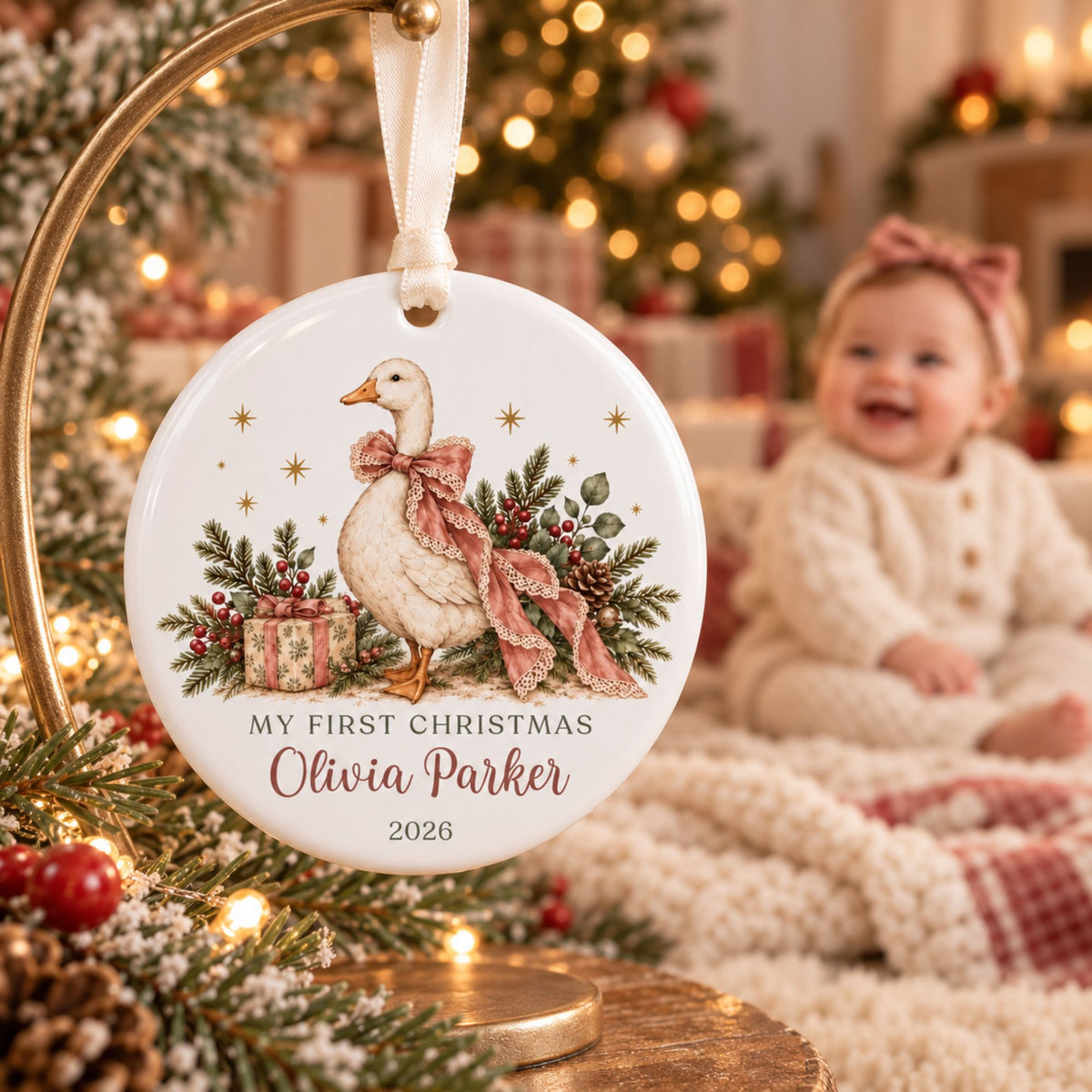 Baby Girl's First Christmas Ornament - Pink Bow Goose