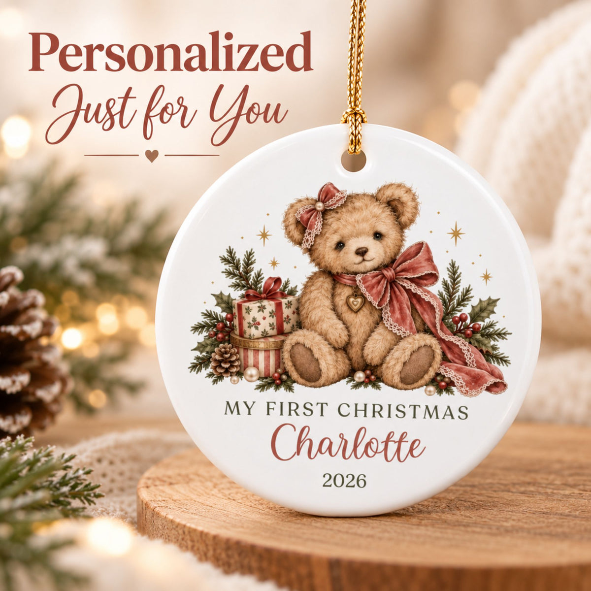 Baby Girl's First Christmas Ornament - Personalized Bow Teddy