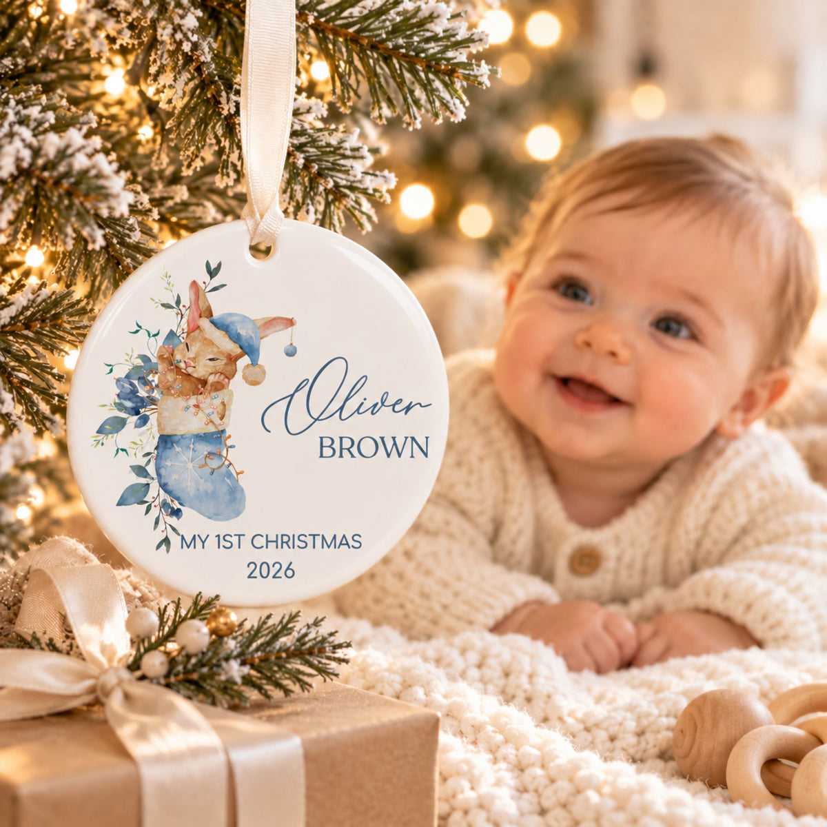 Baby Boy's First Christmas Ornament - Blue Stocking Bunny