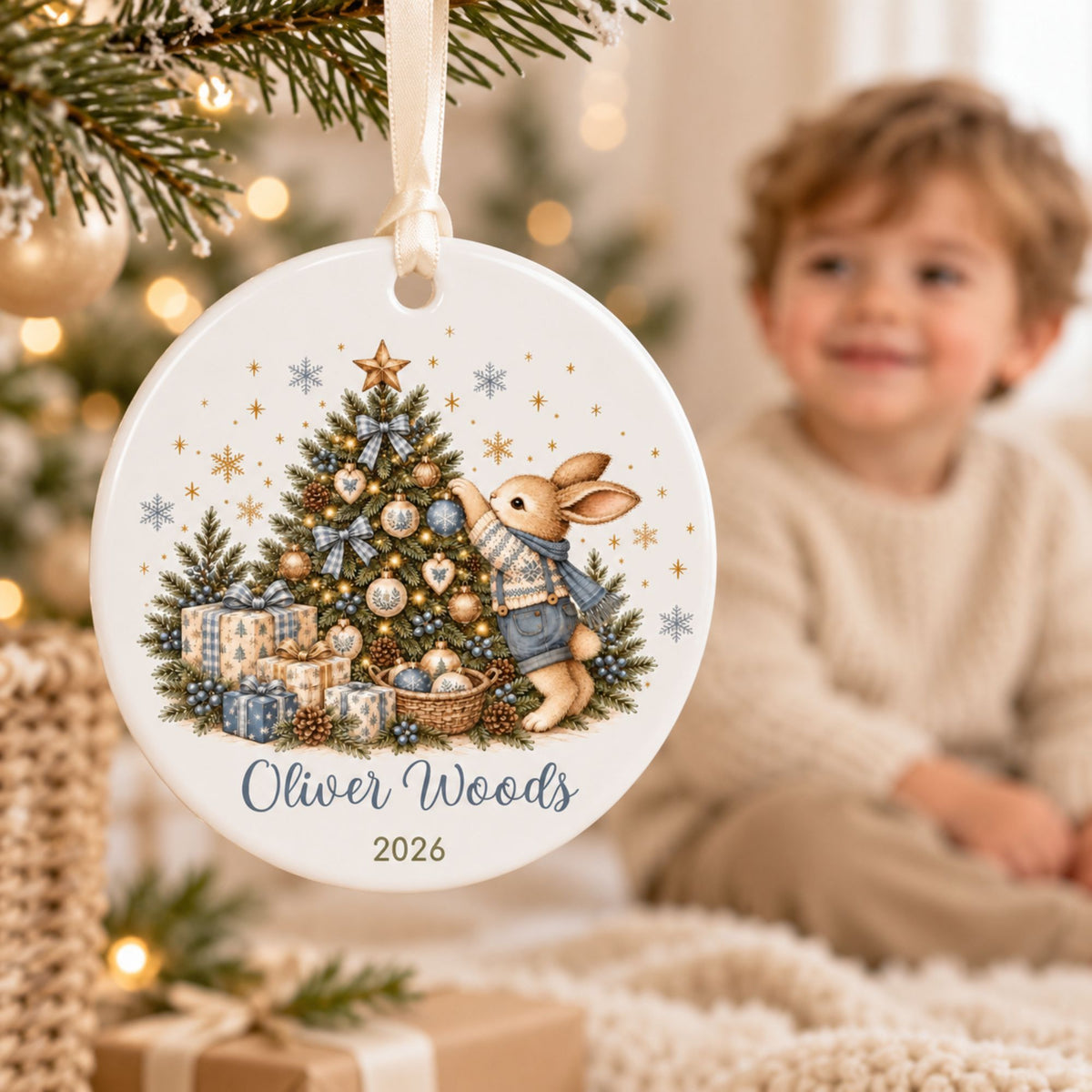 Personalized Bunny Christmas Ornament for Boys with Name and Year