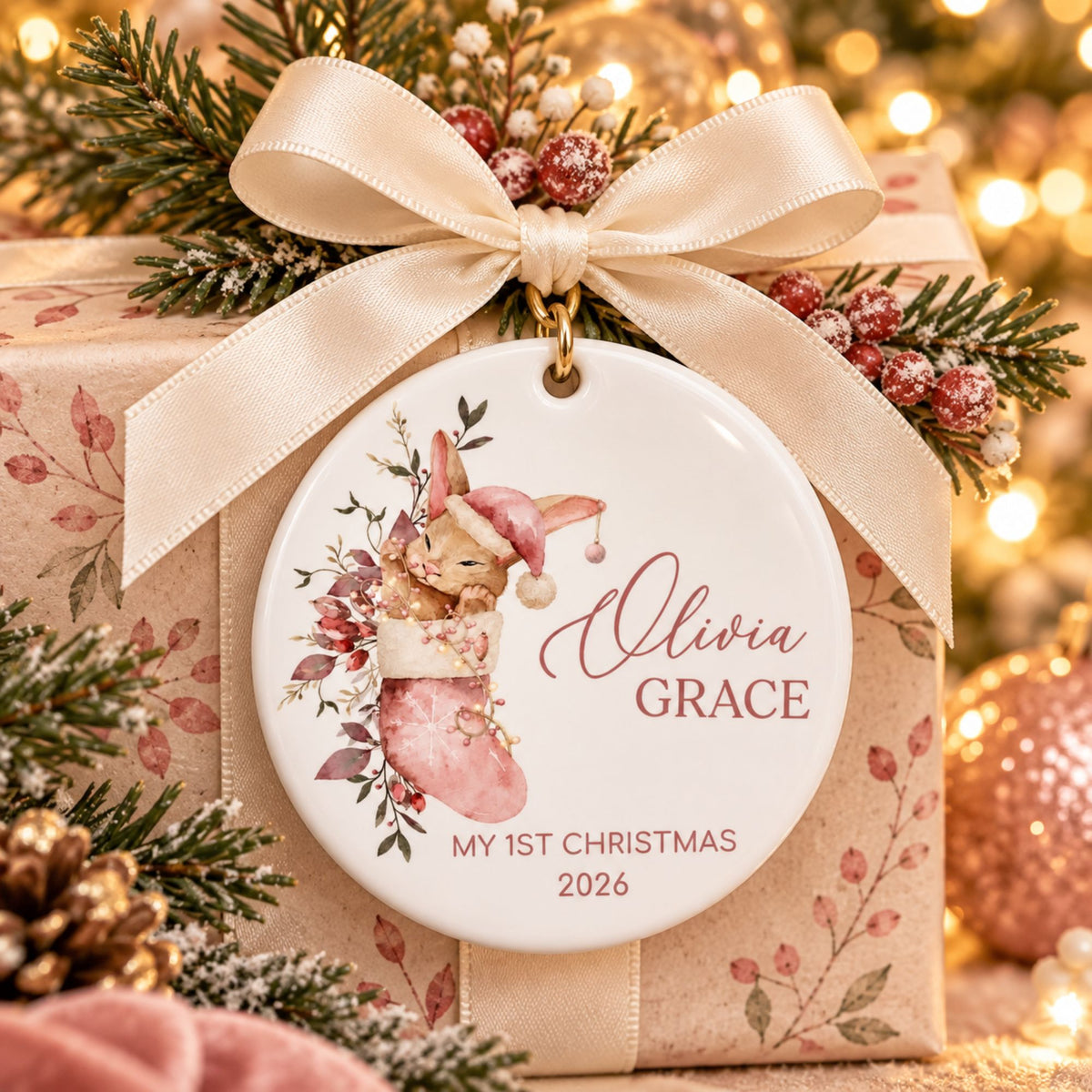 Baby Girl's First Christmas Ornament - Pink Stocking Bunny