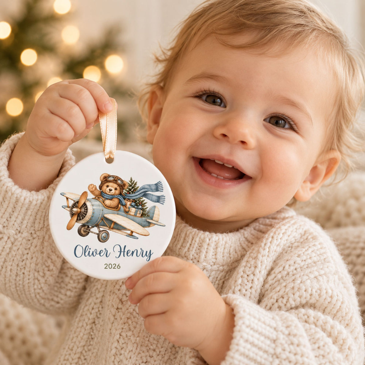 Personalized Airplane Christmas Ornament with Teddy Bear Pilot