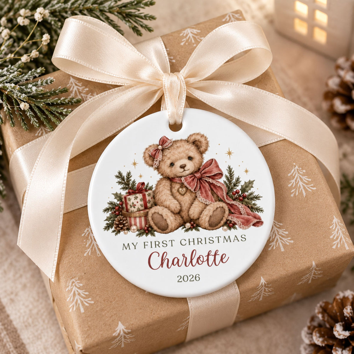 Baby Girl's First Christmas Ornament - Personalized Bow Teddy