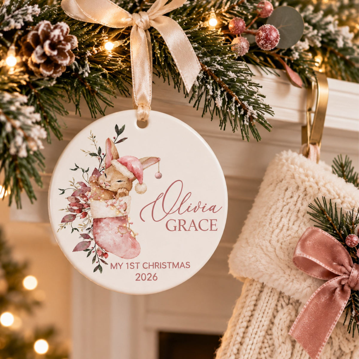 Baby Girl's First Christmas Ornament - Pink Stocking Bunny