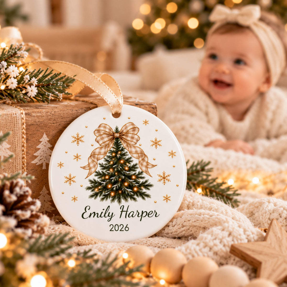 Personalized Christmas Tree Ornament with Gingham Bow