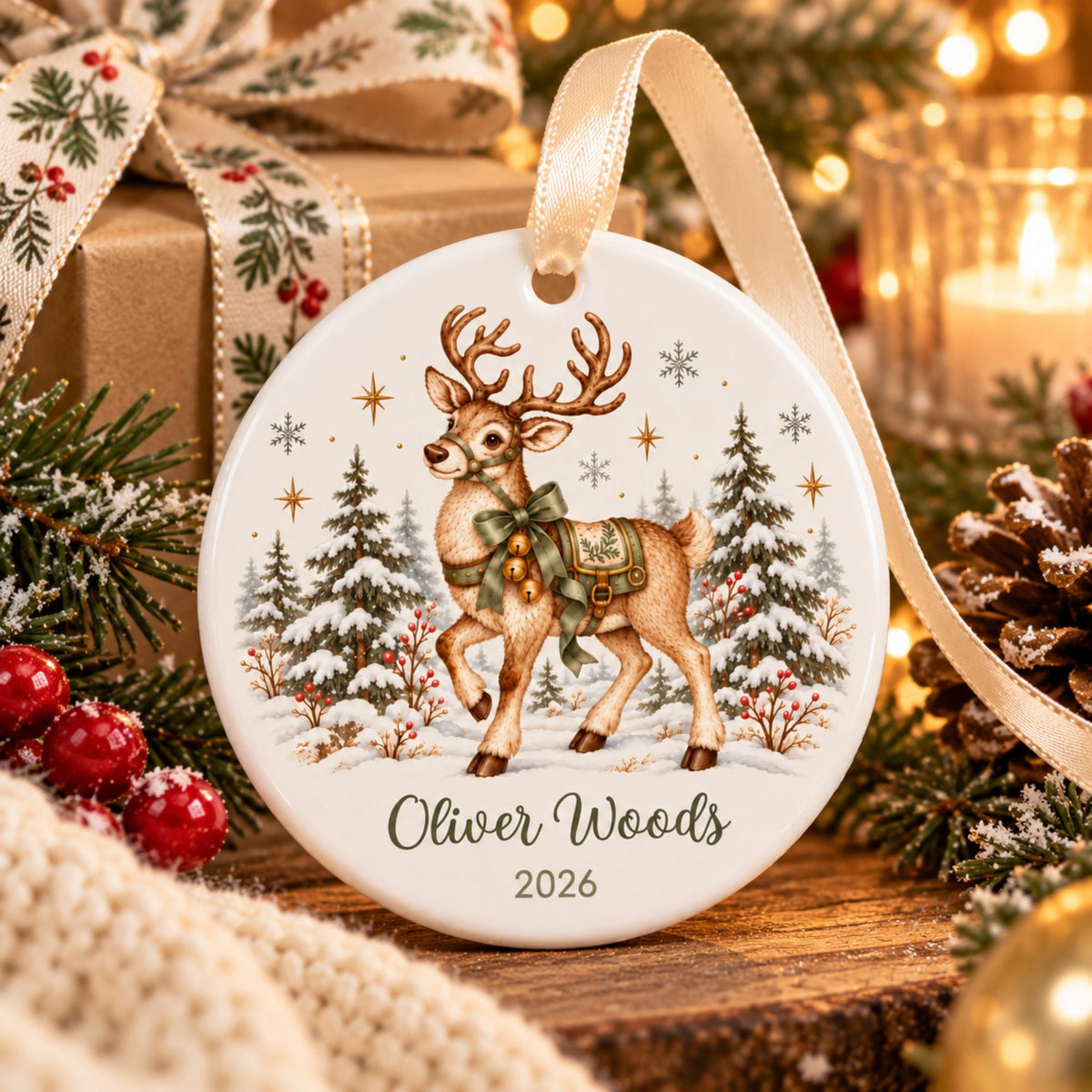 Personalized Reindeer Christmas Ornament with Name and Year
