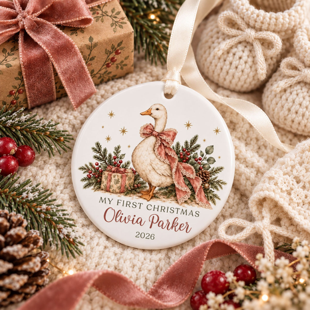 Baby Girl's First Christmas Ornament - Pink Bow Goose