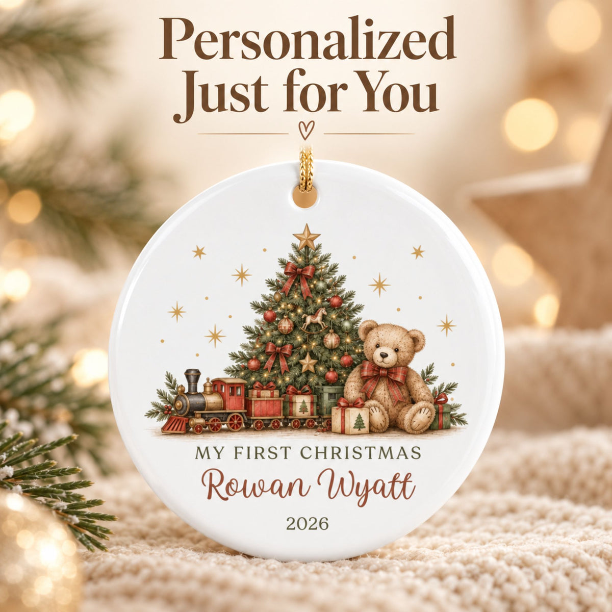 Personalized Baby's First Christmas Ornament - Teddy Bear Train