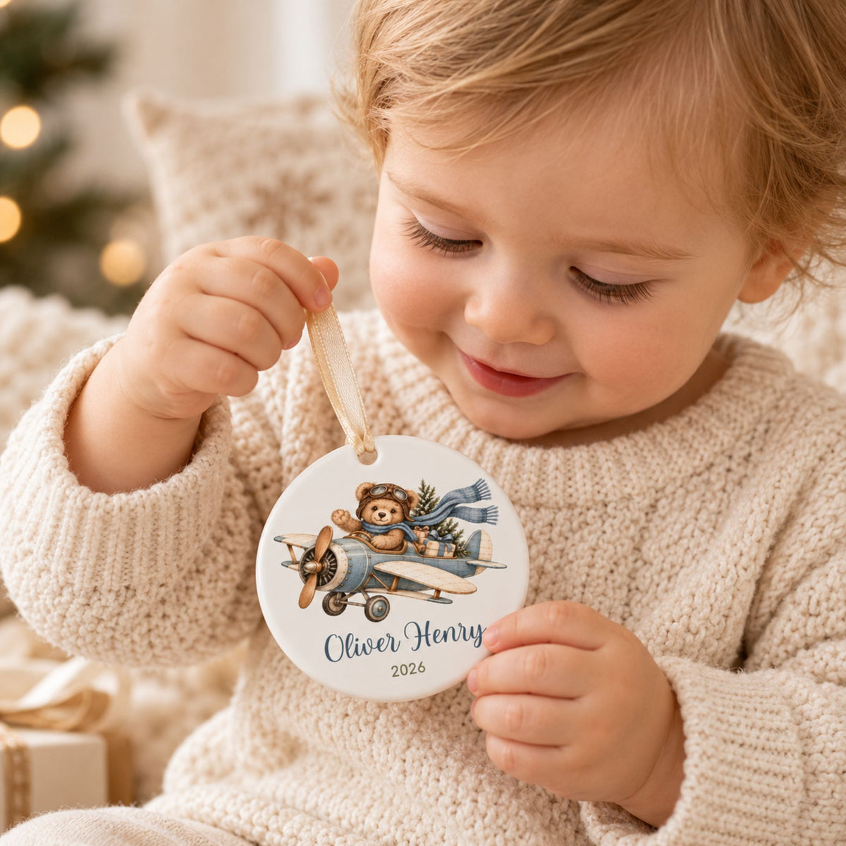 Personalized Airplane Christmas Ornament with Teddy Bear Pilot