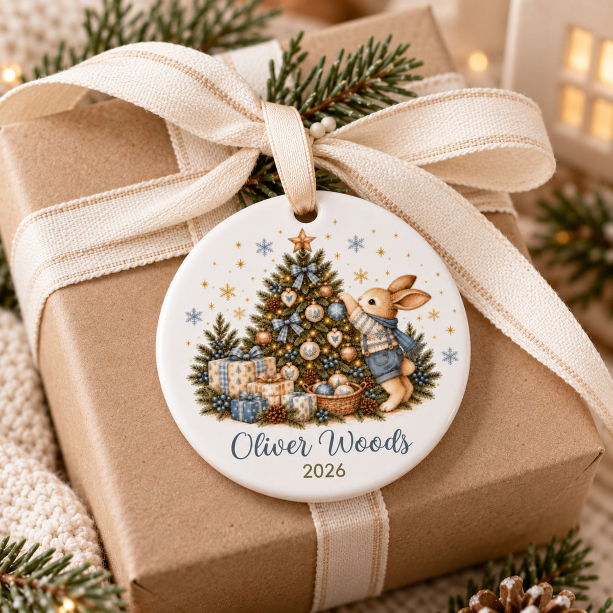 Personalized Bunny Christmas Ornament for Boys with Name and Year