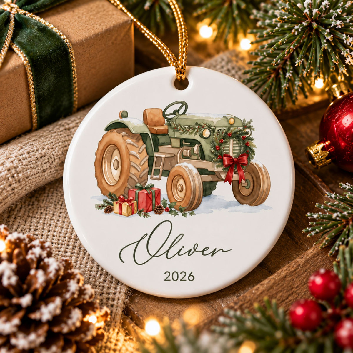 Personalized Tractor Christmas Ornament with Name and Year