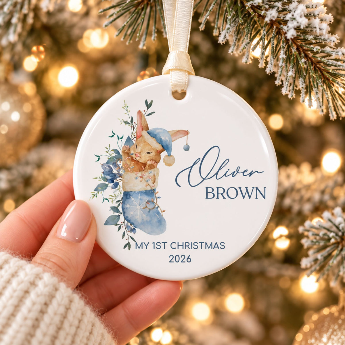 Baby Boy's First Christmas Ornament - Blue Stocking Bunny