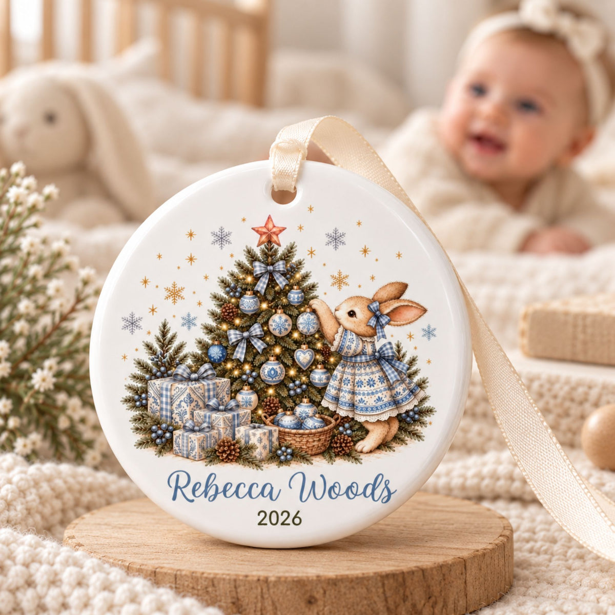 Personalized Bunny Baby Girl Christmas Ornament - Pink or Blue